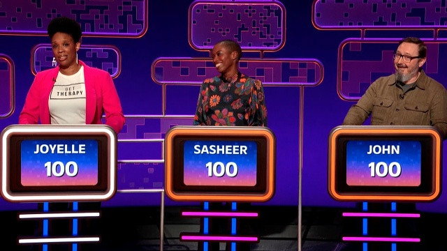A still from 1/31/24 (Sasheer Zamata, Joyelle Nicole Johnson, John Hodgman)