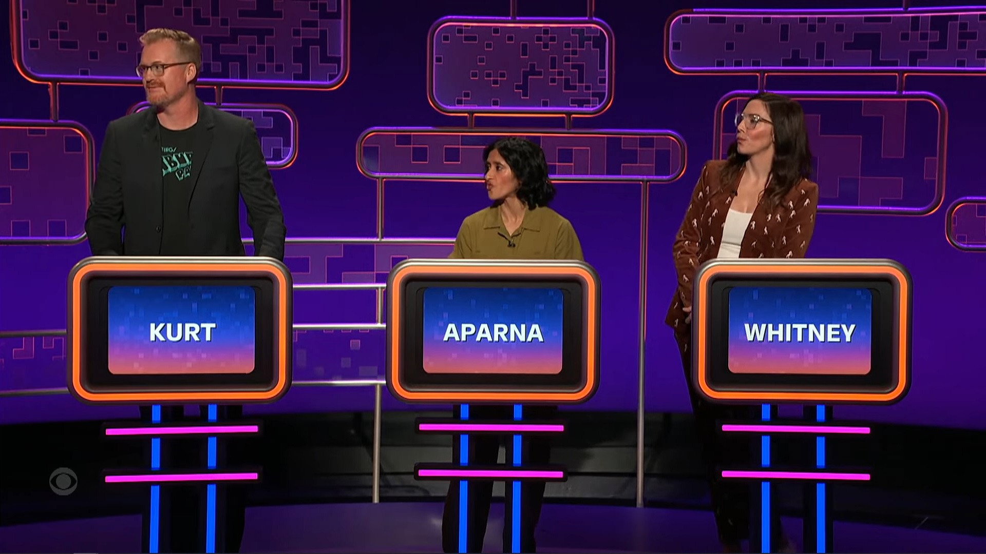 A still from 1/16/24 (Whitney Cummings, Aparna Narcherla, Kurt Braunohler)