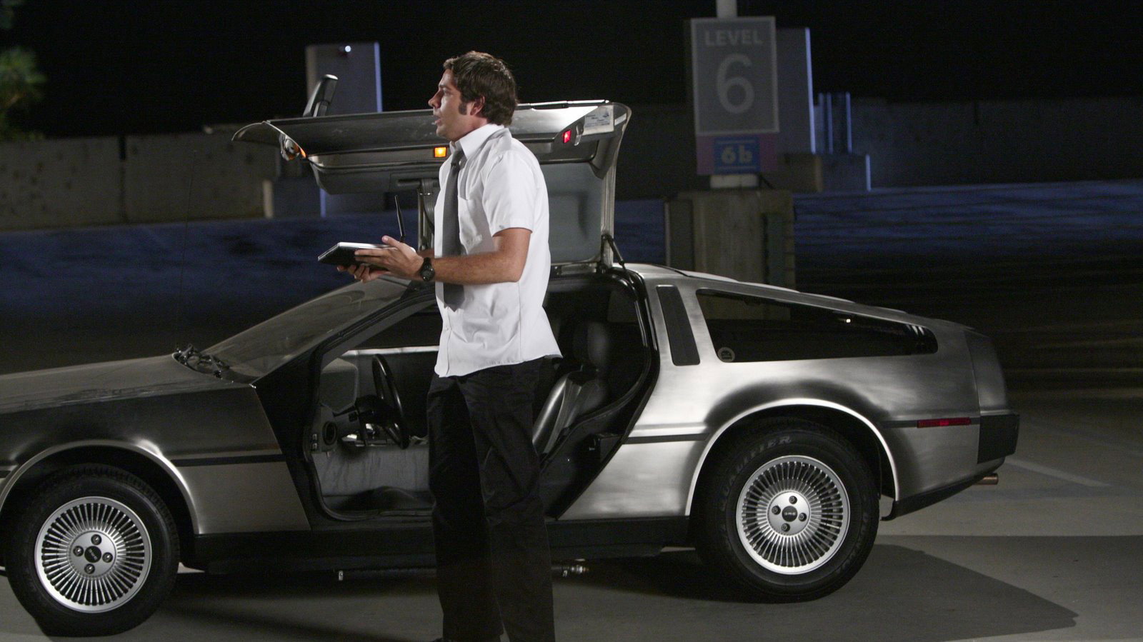 A still from Chuck Versus the DeLorean