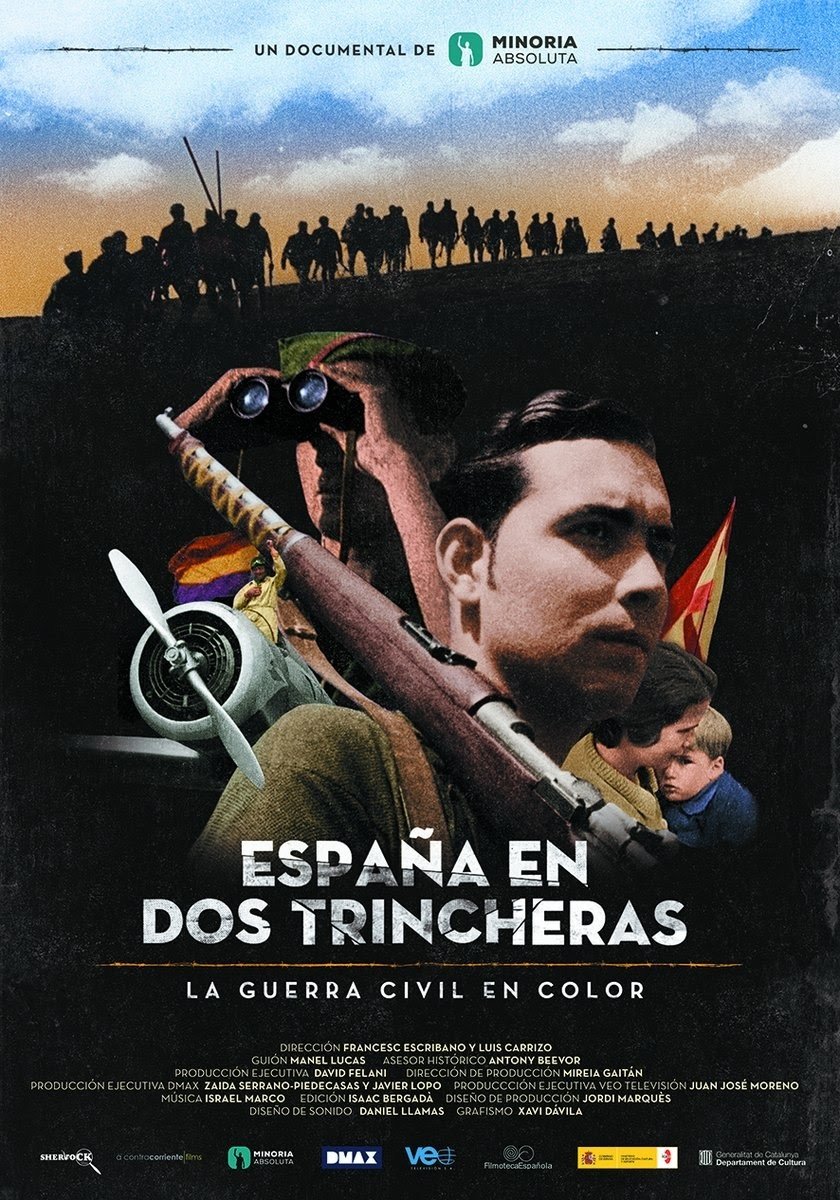 Poster de España en dos trincheras. La guerra civil en color