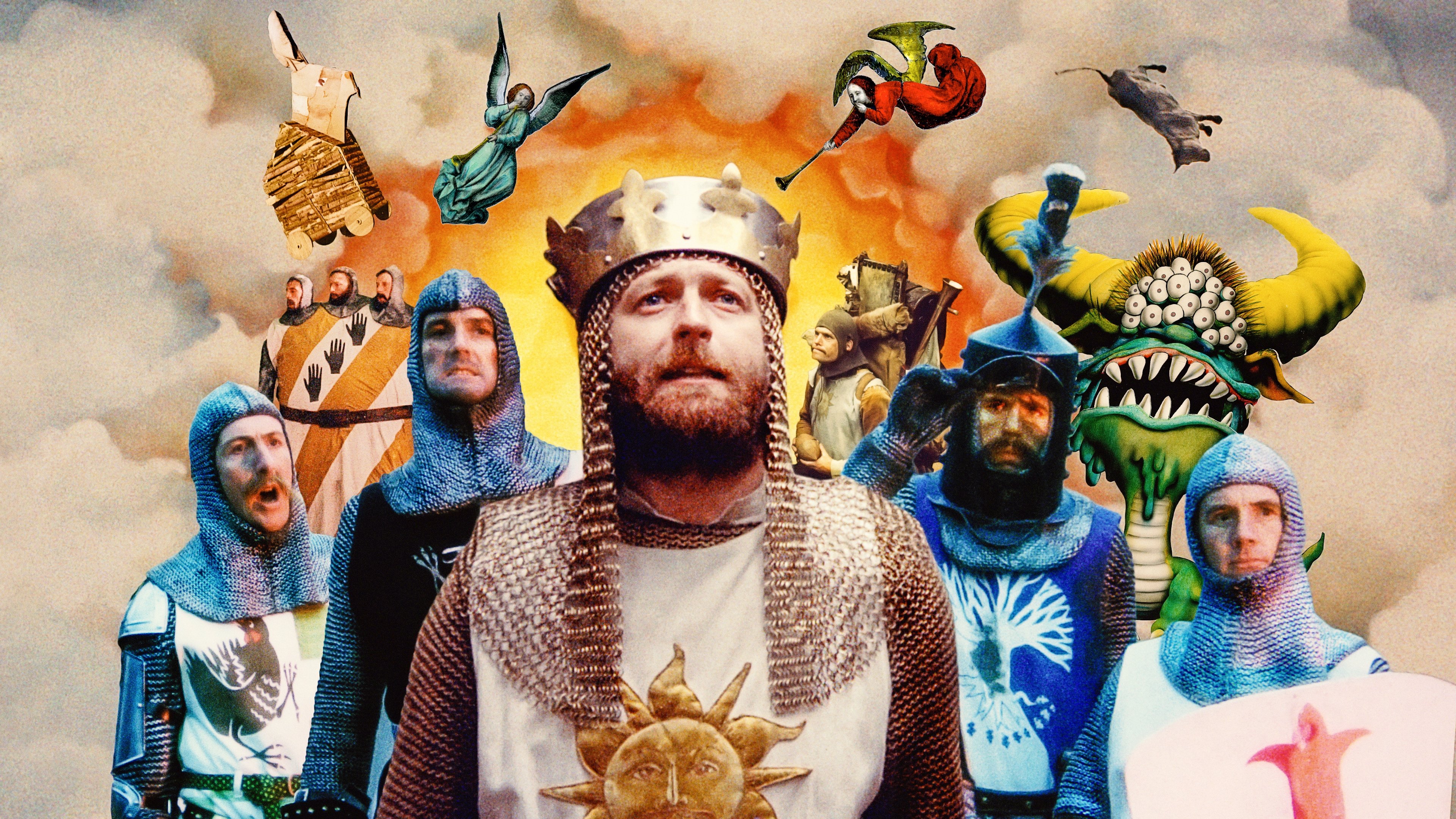 Monty Python T-Shirt Uomo 'Holy Grail Knight Riders' - Maglietta Bianca Con Stampa, Vestibilità Regular, Merch Ufficiale Del Film