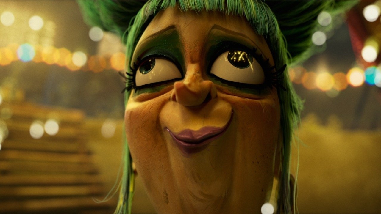 Caption: a close up of a person with green hair