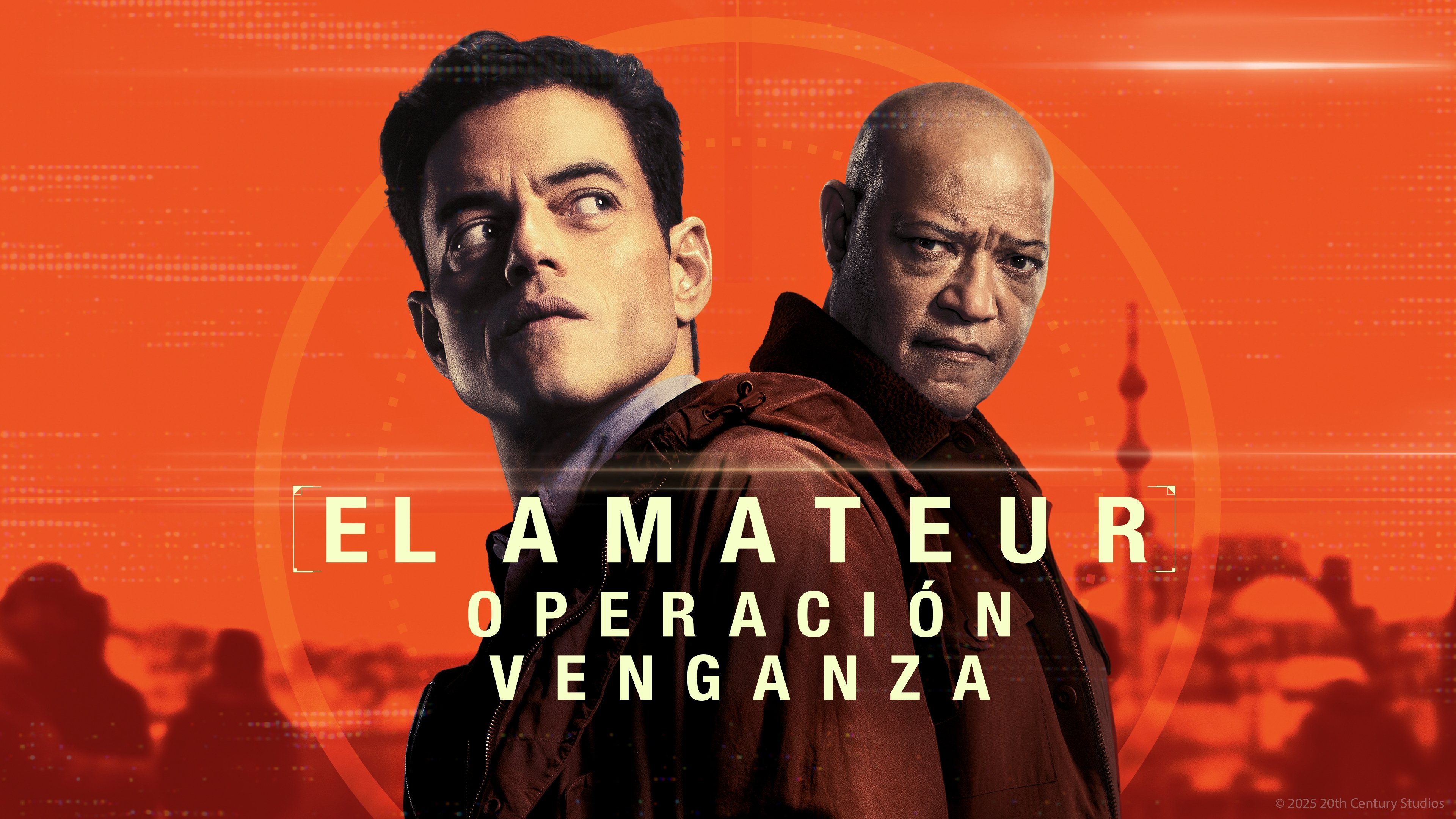 Caption: two men standing next to each other in front of an orange background