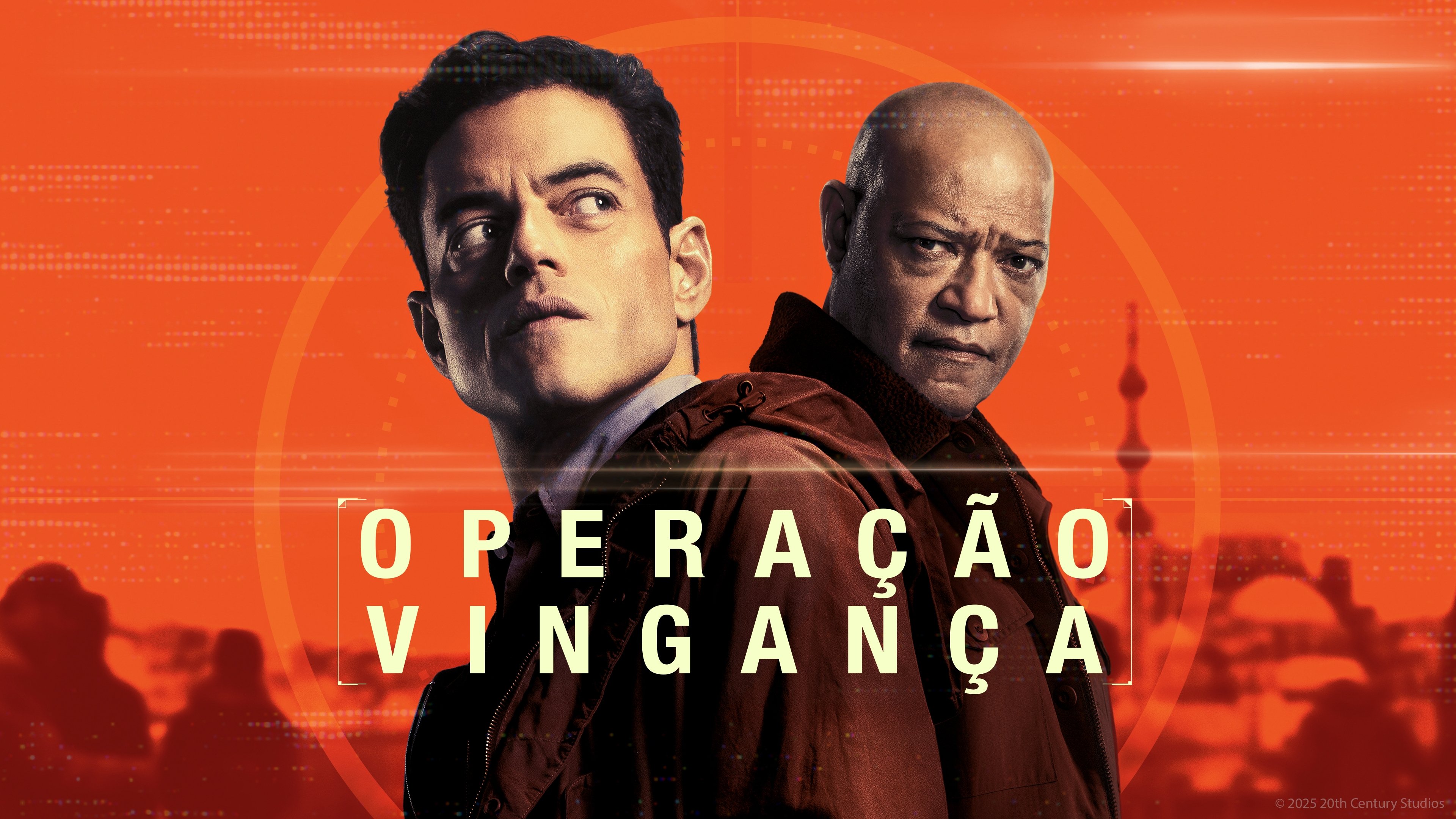 Caption: two men standing next to each other in front of an orange background