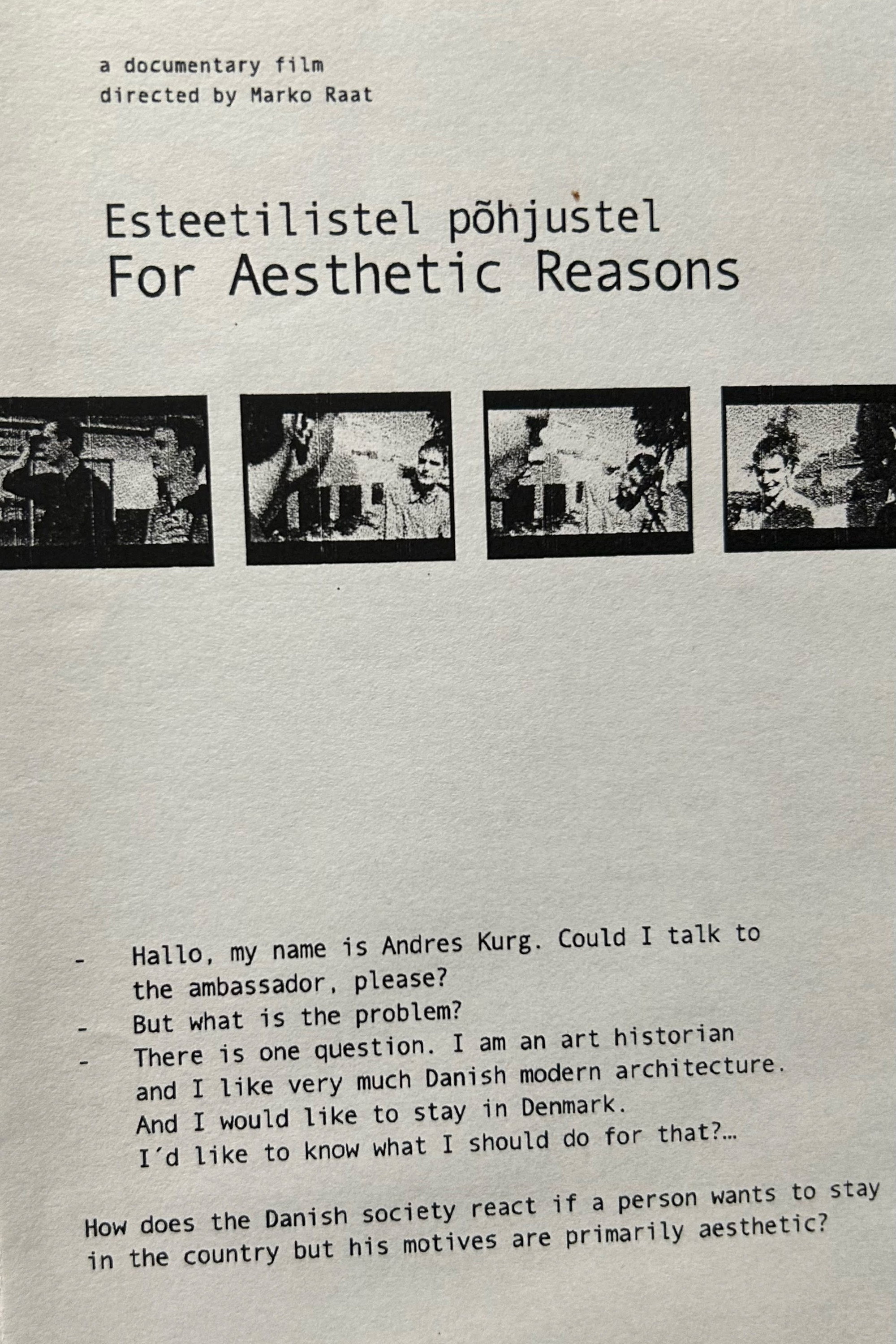 For Aesthetic Reasons (1999) - Marko Raat Credit Poster