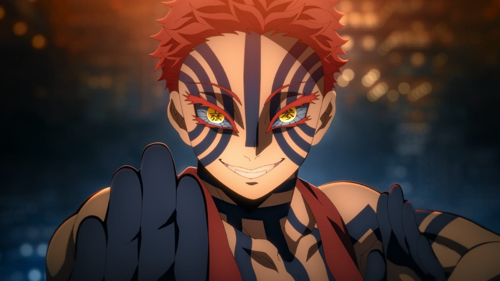 Caption: an anime character with red hair and blue eyes