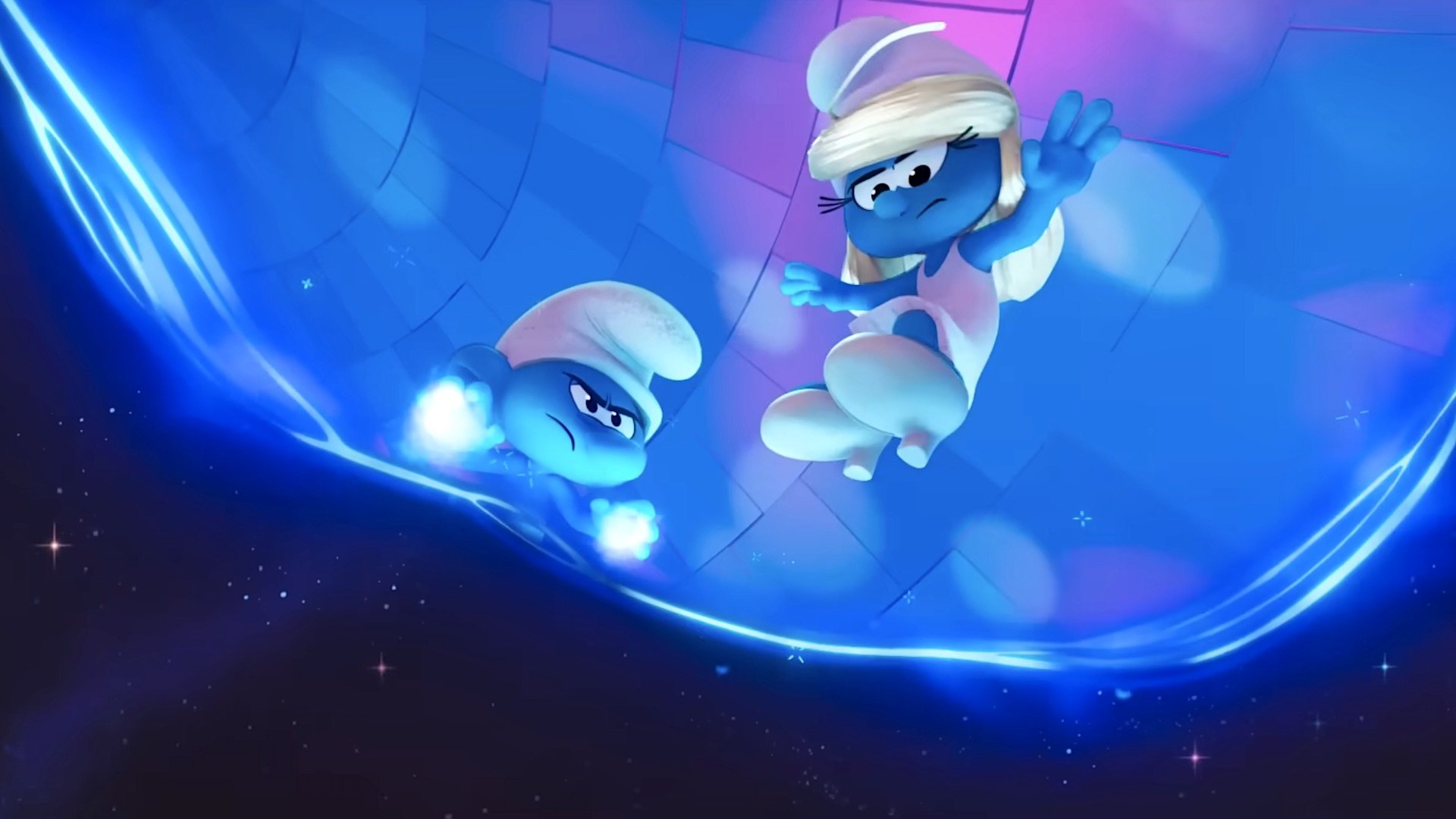Caption: the smurfs are flying through the air