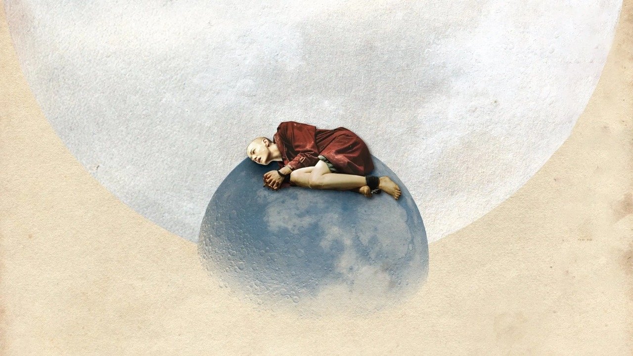 Caption: a painting of a person laying on the moon