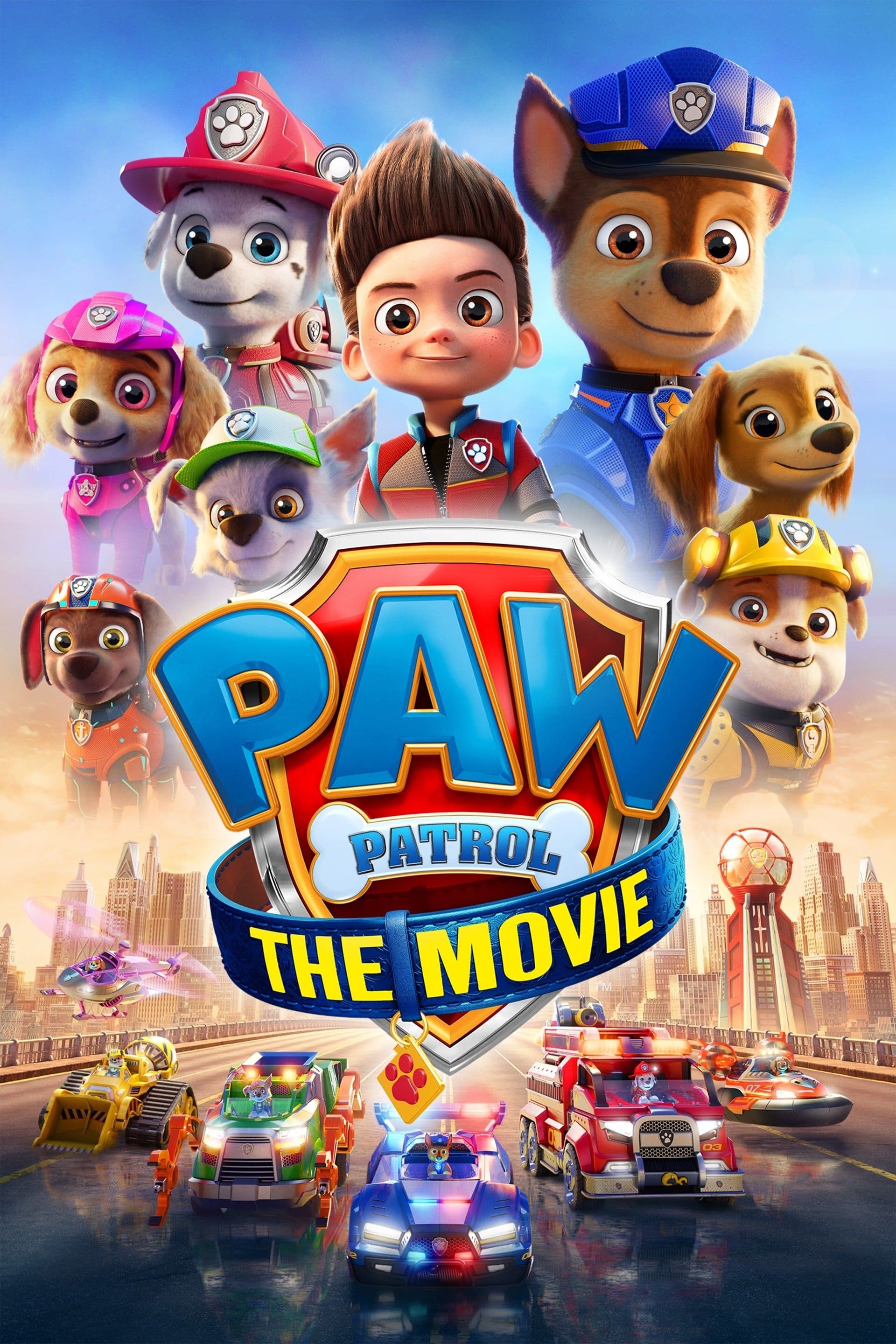 Poster for PAW Patrol: The Movie - logo in the centre, vehicles underneath, characters above, Ryder centre