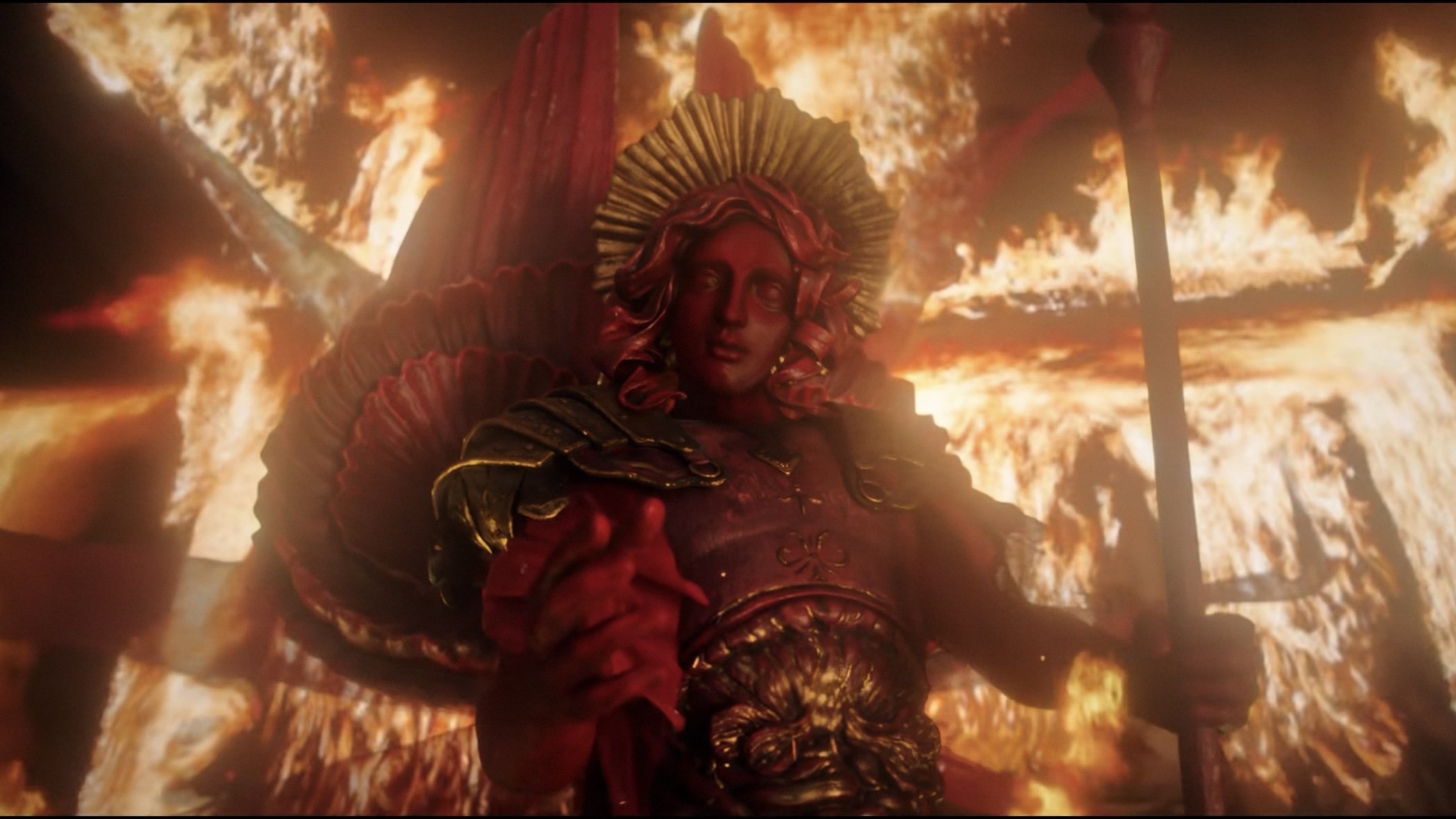 Caption: a demonic looking woman holding a sword in front of a fire