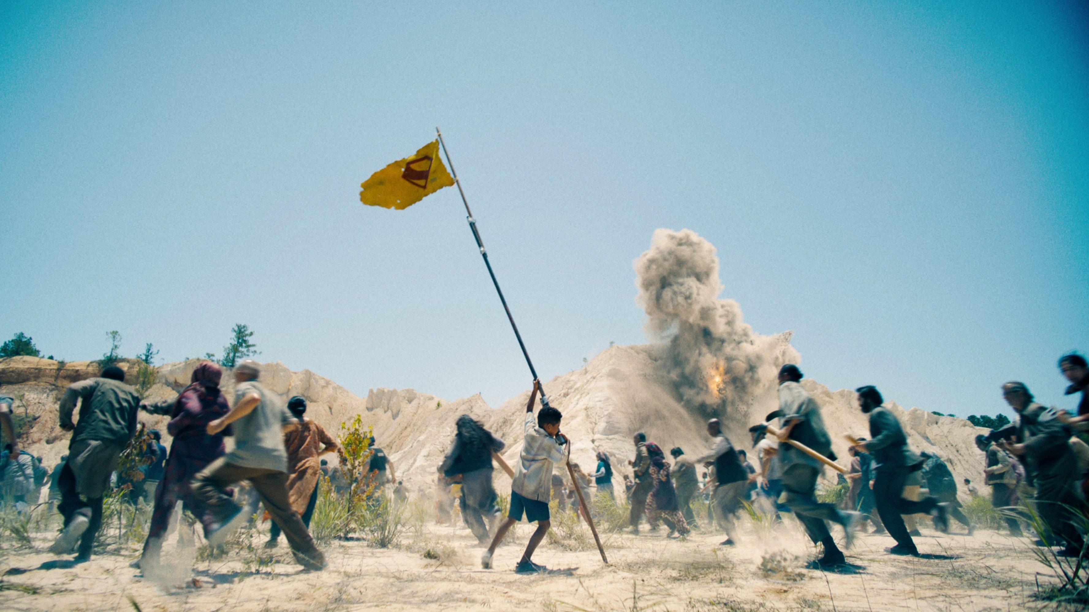 Caption: a group of people in a field with a flag