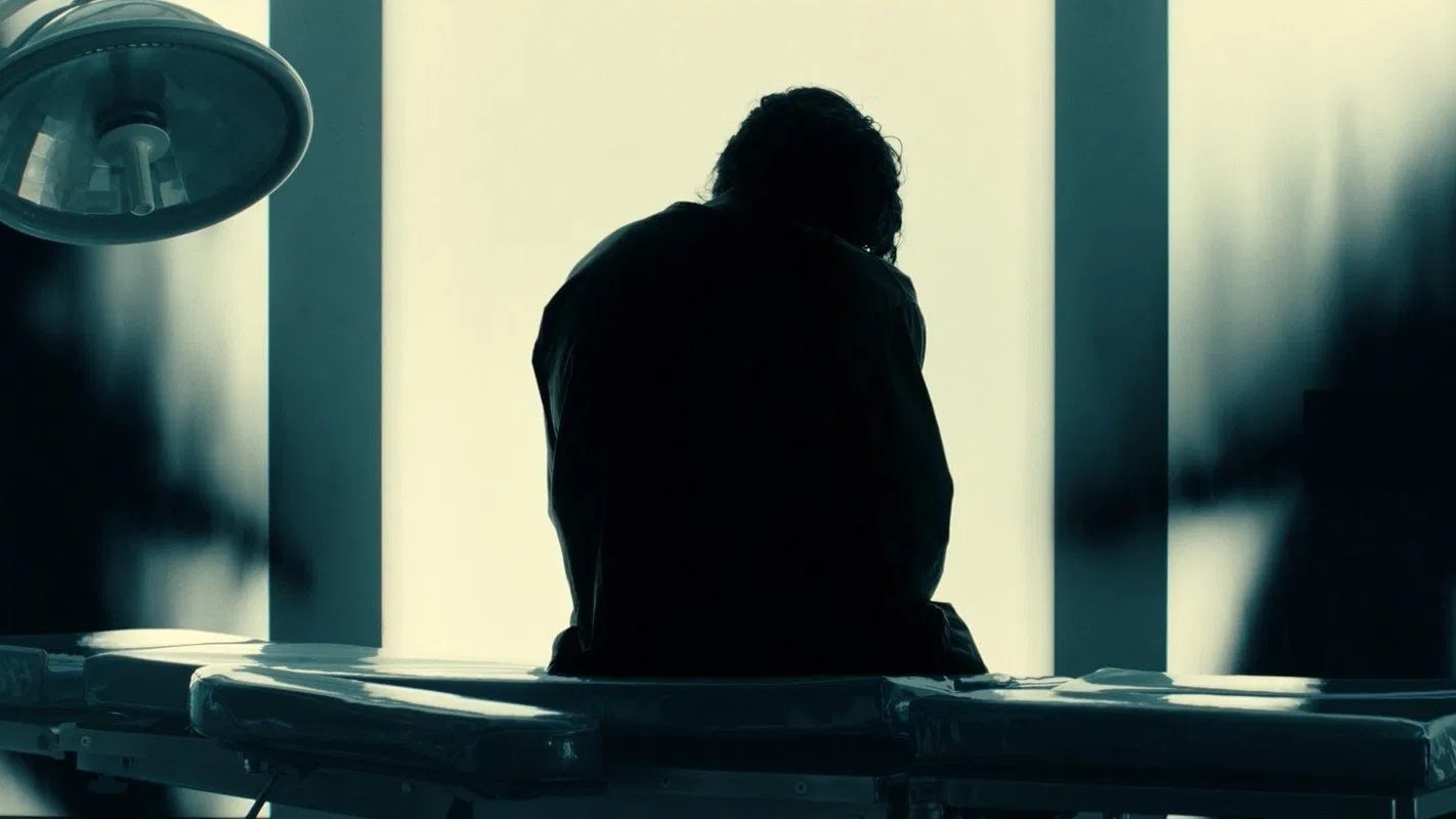 Caption: a person sitting on a hospital bed in a room