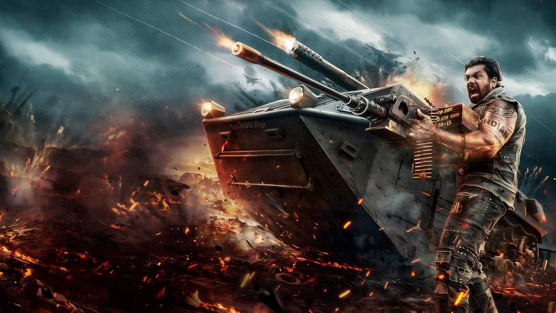 Caption: a man standing in front of a tank in the middle of a fire