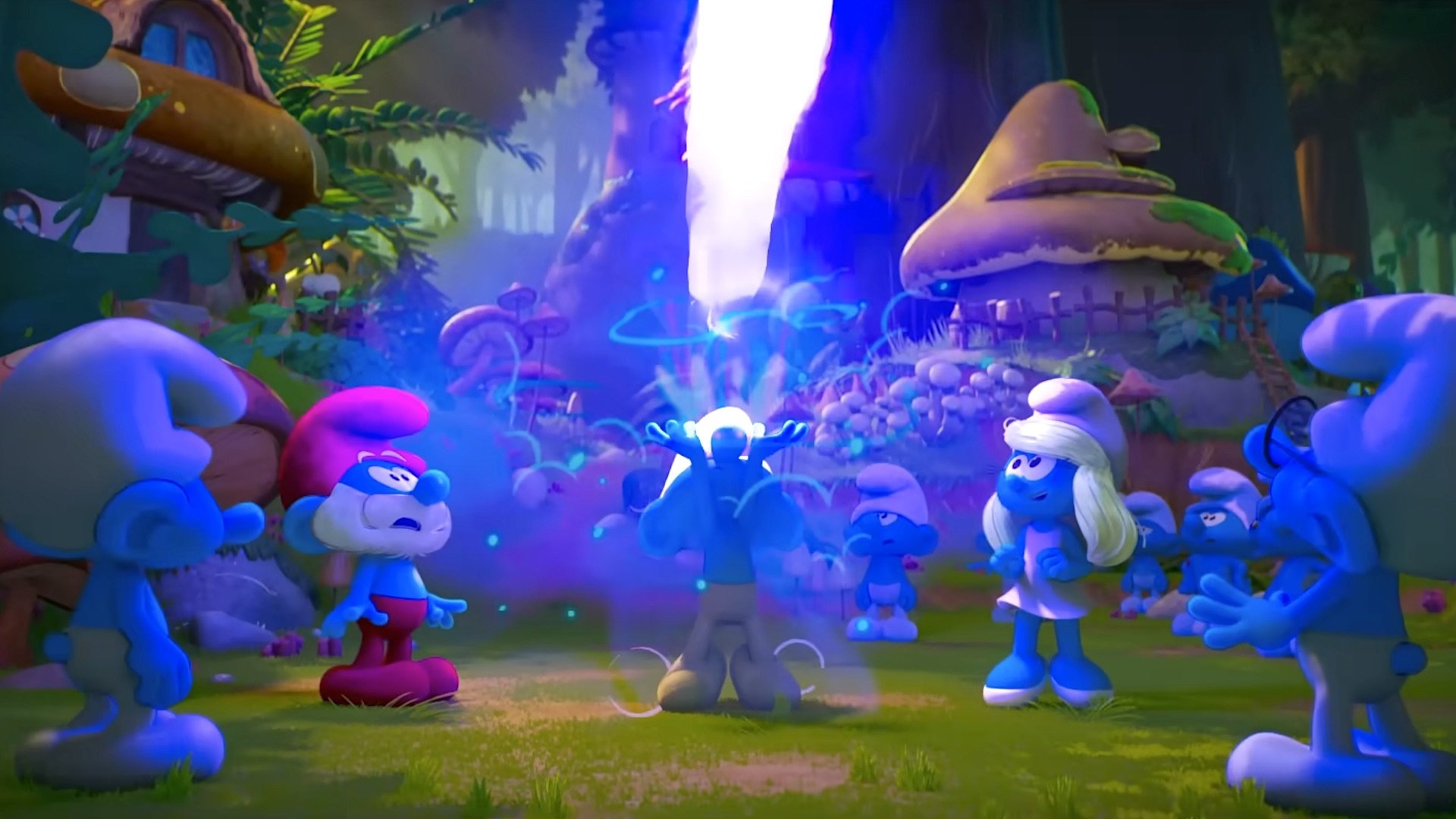 Caption: a group of cartoon characters standing in front of a forest