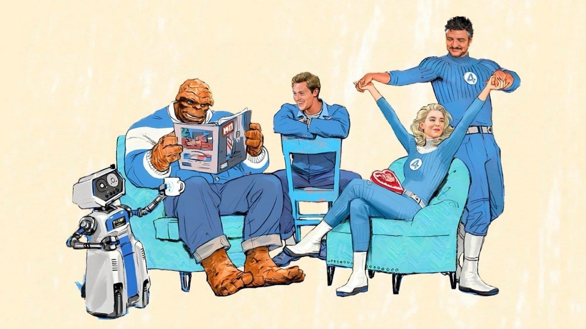 Caption: a drawing of a group of people sitting in chairs