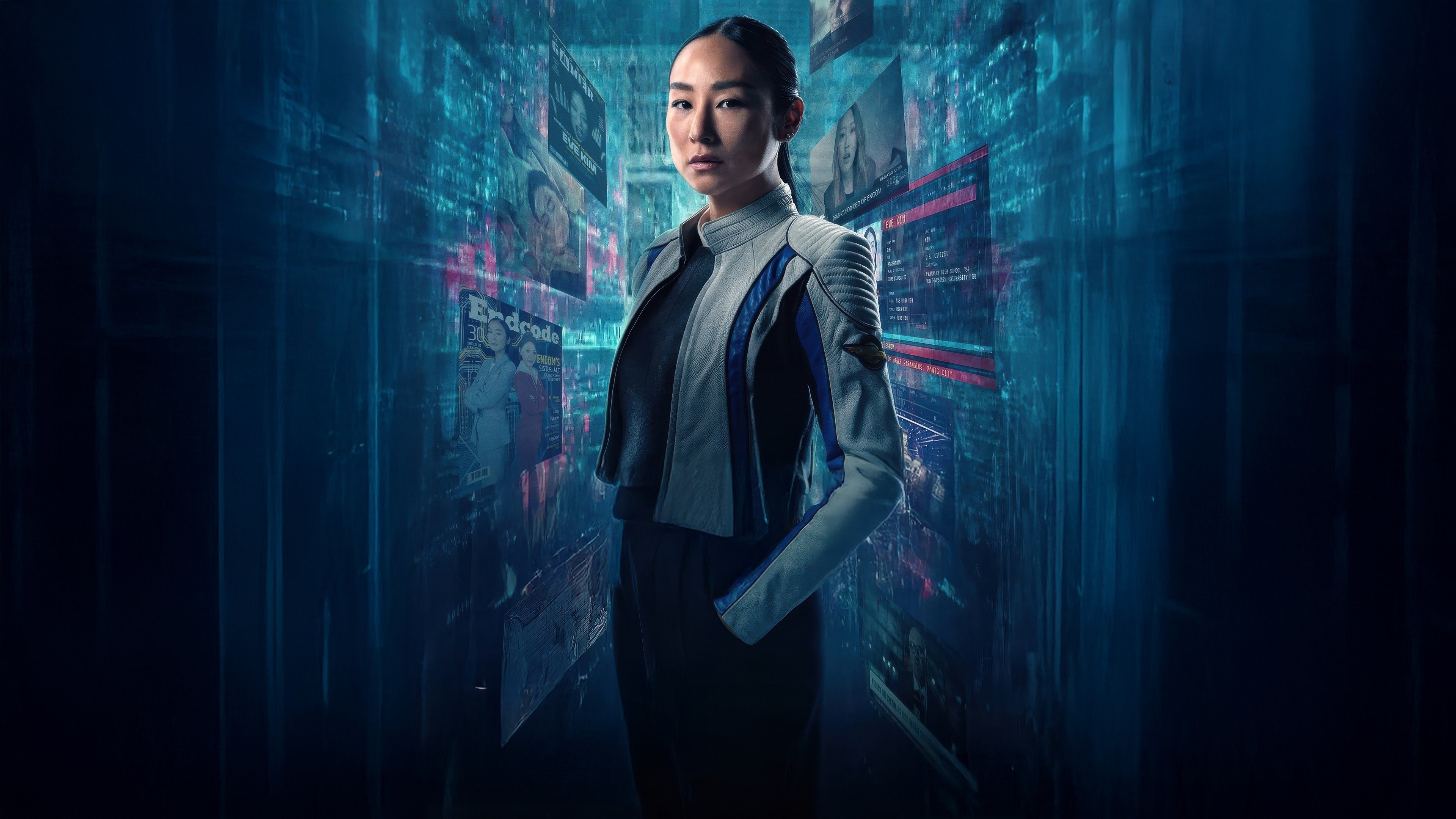 Caption: a woman standing in a hallway with a sci - fi fi fi fi fi fi