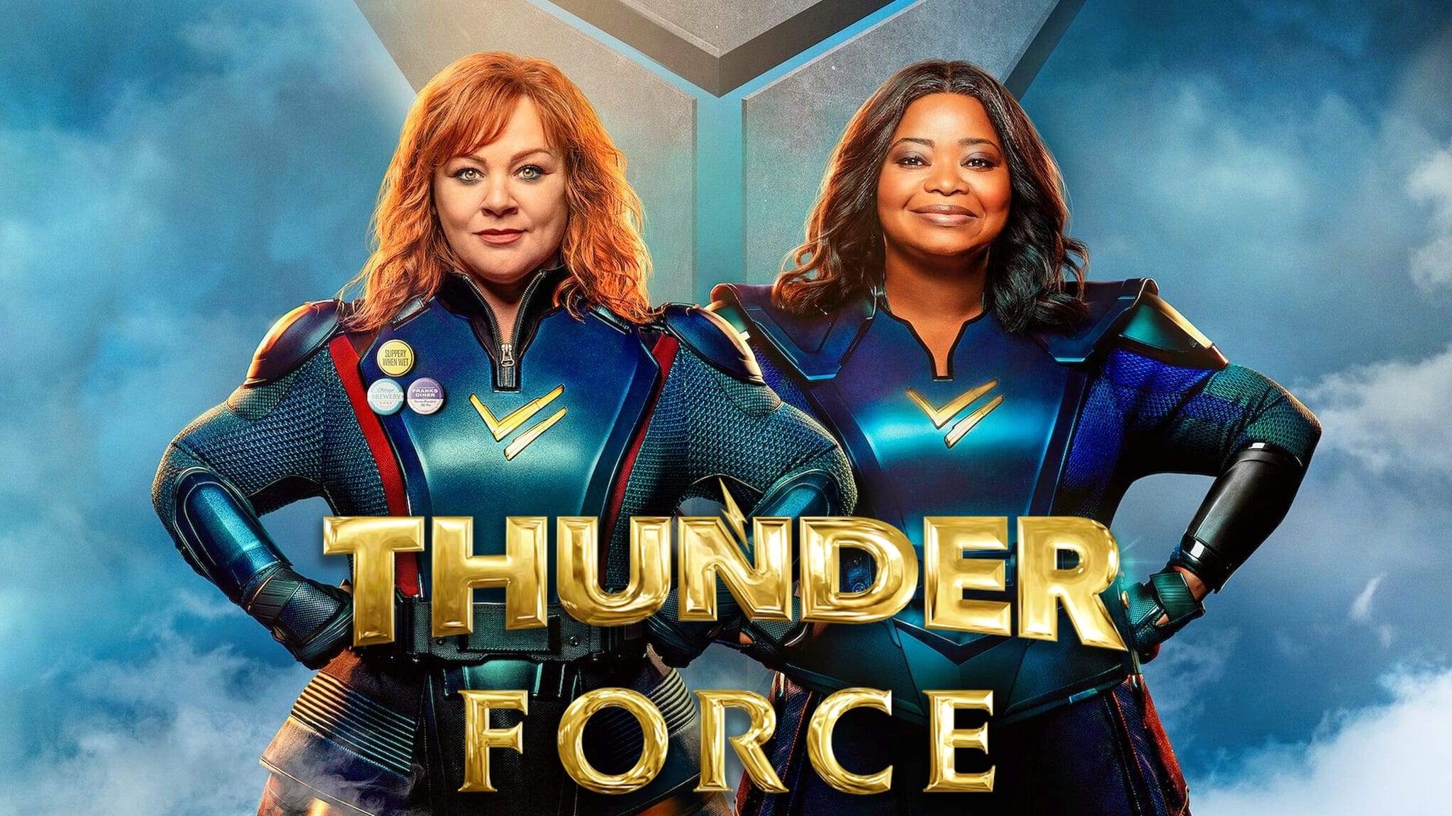  Movie cover for the 2021 film Thunder Force, showing Melissa McCcarthy and Octavia Spencer power posing wearing superhero costumes