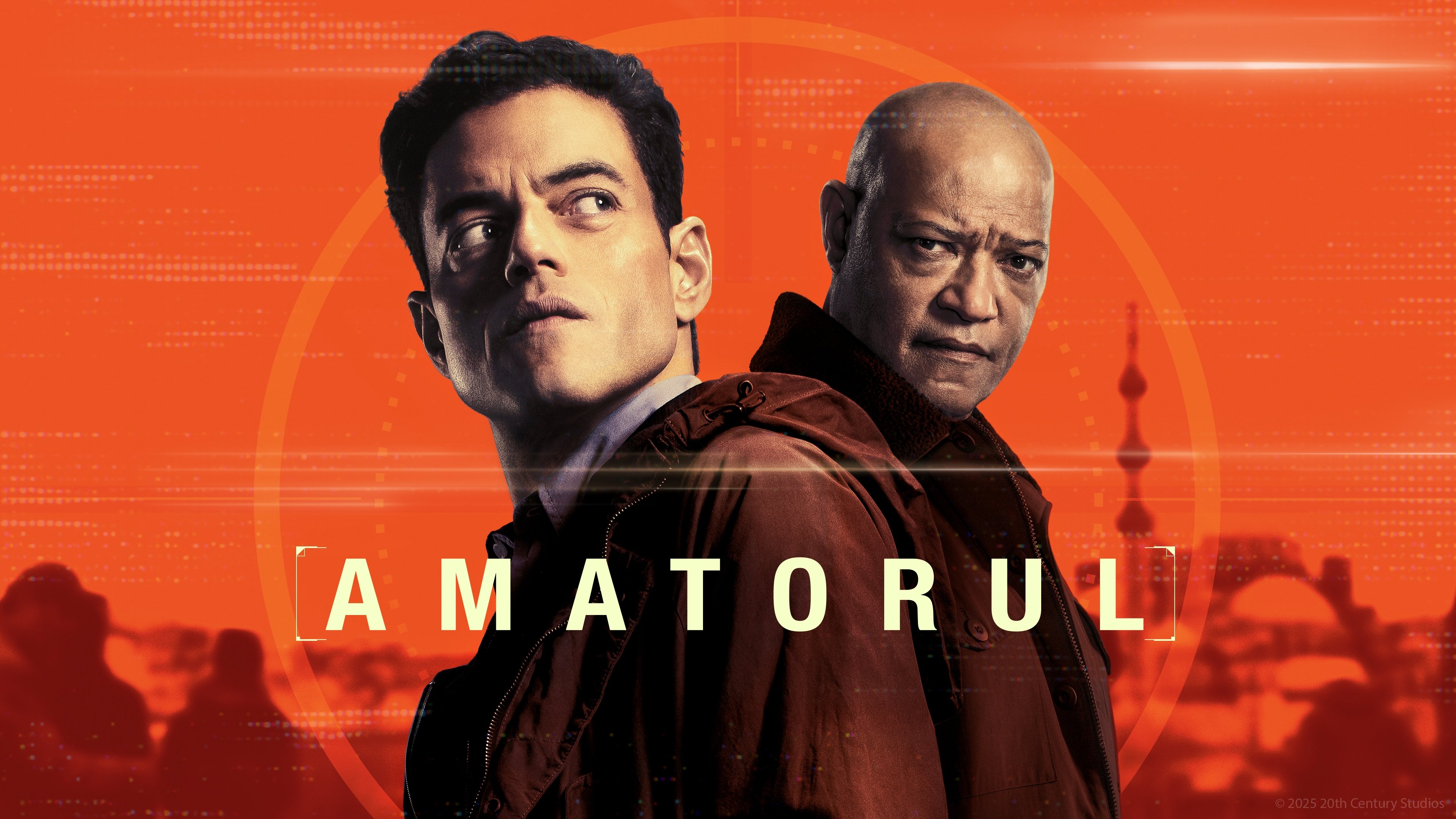 Caption: two men standing next to each other in front of an orange background