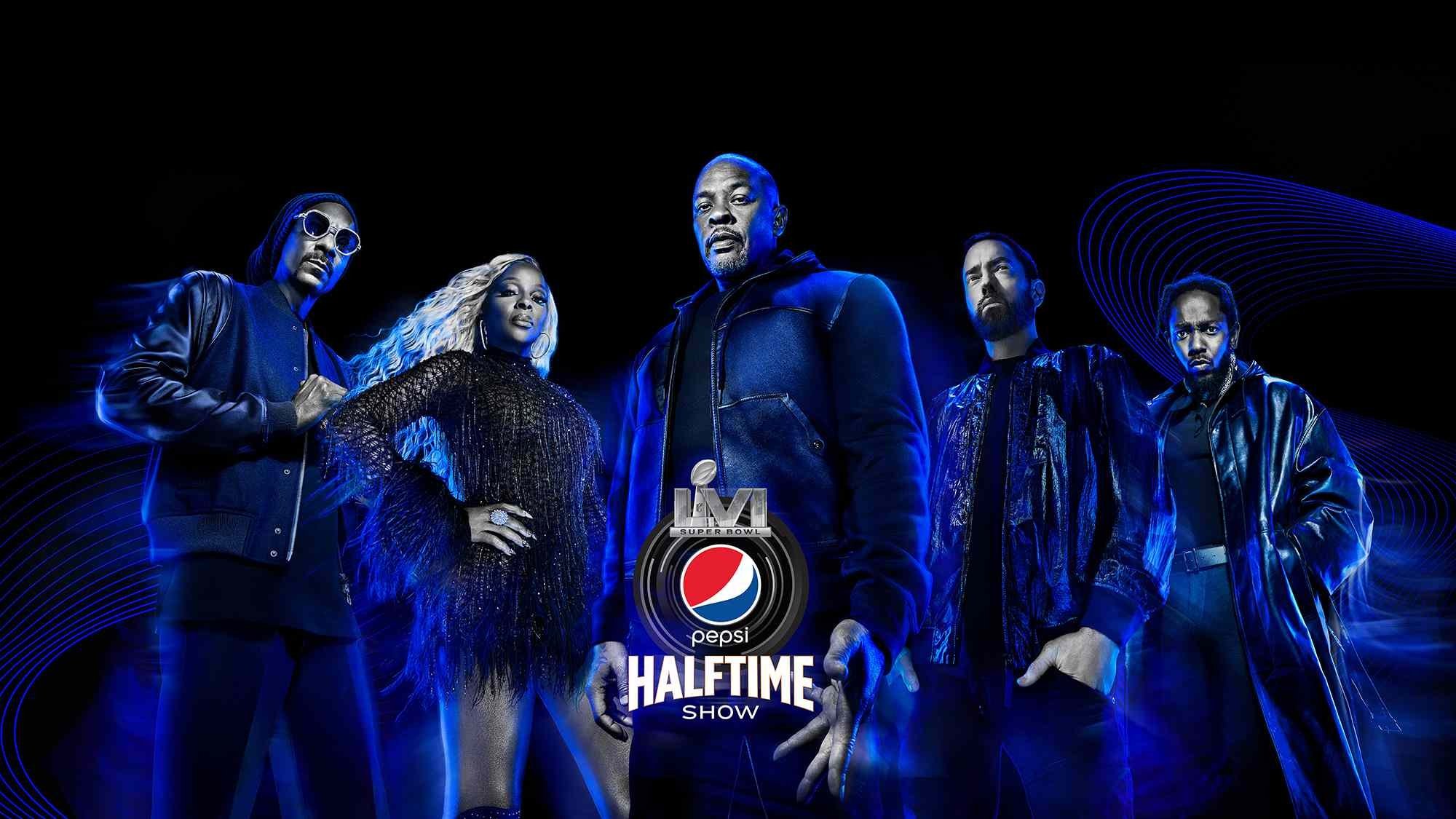 Dr. Dre, Snoop Dogg, Eminem, Mary J. Blige, Kendrick Lamar & 50 Cent Pepsi Super Bowl LVI Halftime Show background