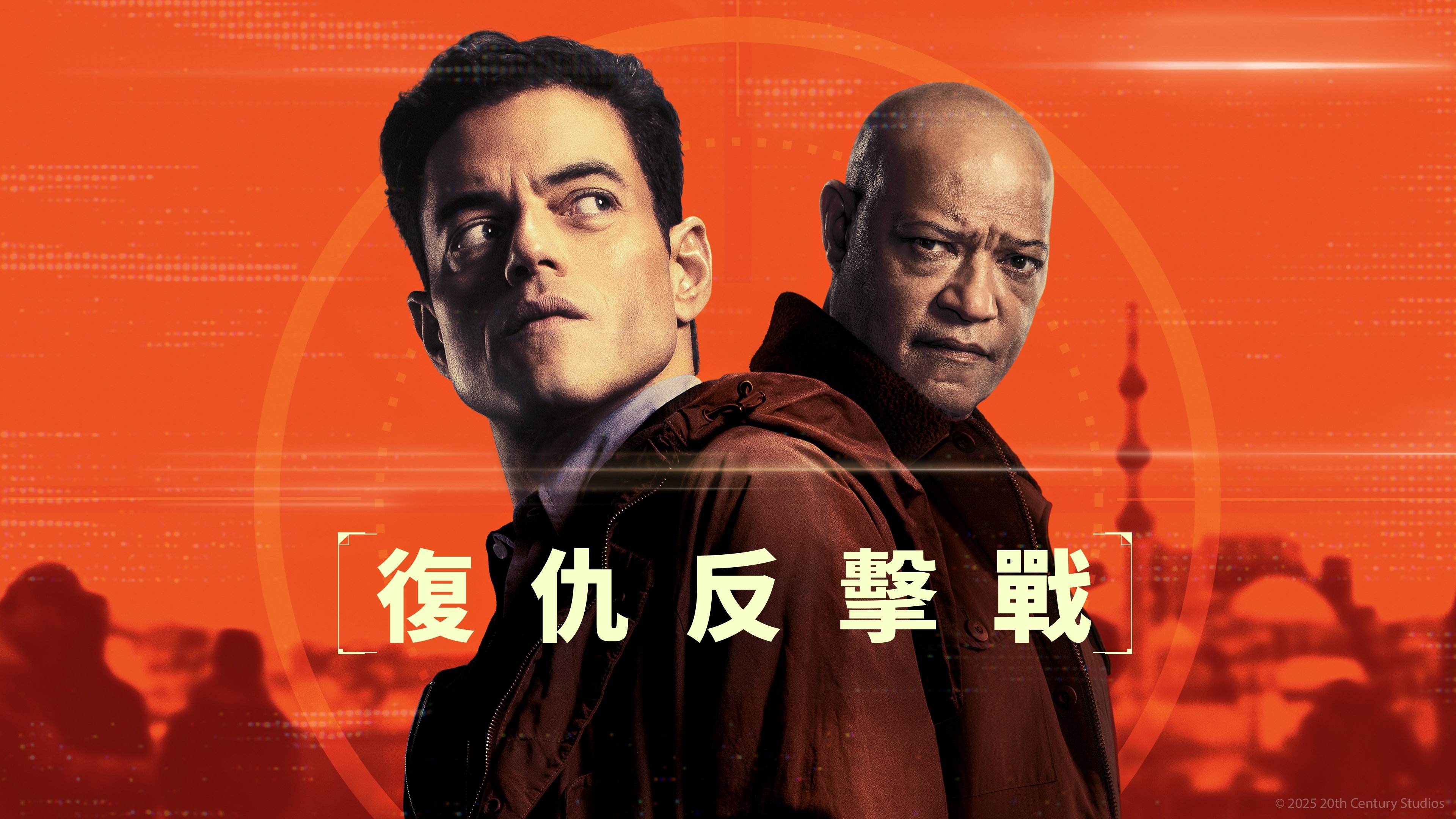 Caption: two men standing next to each other in front of a red background