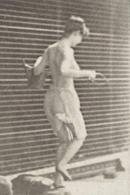 Woman Crossing Brook on Stepping-Stones with a Fishing Pole and a Can