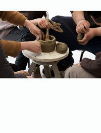 Poster for a pottery produced by 5 potters at once (silent attempt)