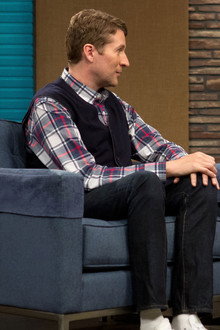 Andy Samberg Wears a Plaid Shirt & Glasses
