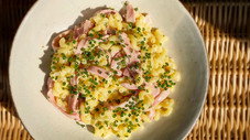 Risotto coquillettes jambon et crumble sans gluten