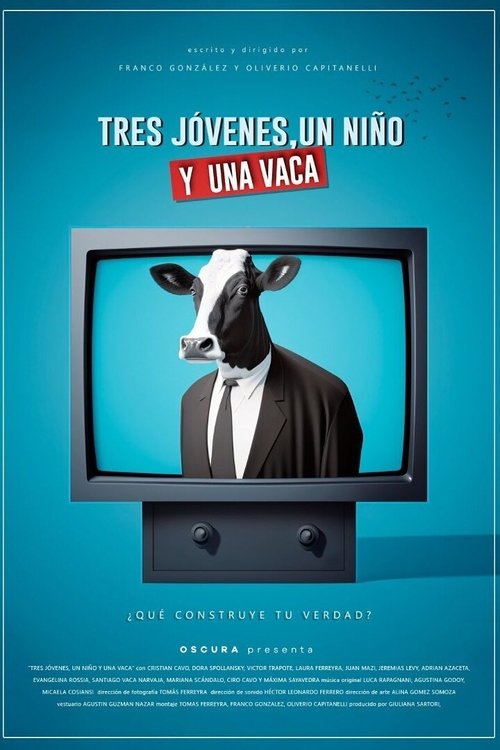 Three young people, a boy and a cow