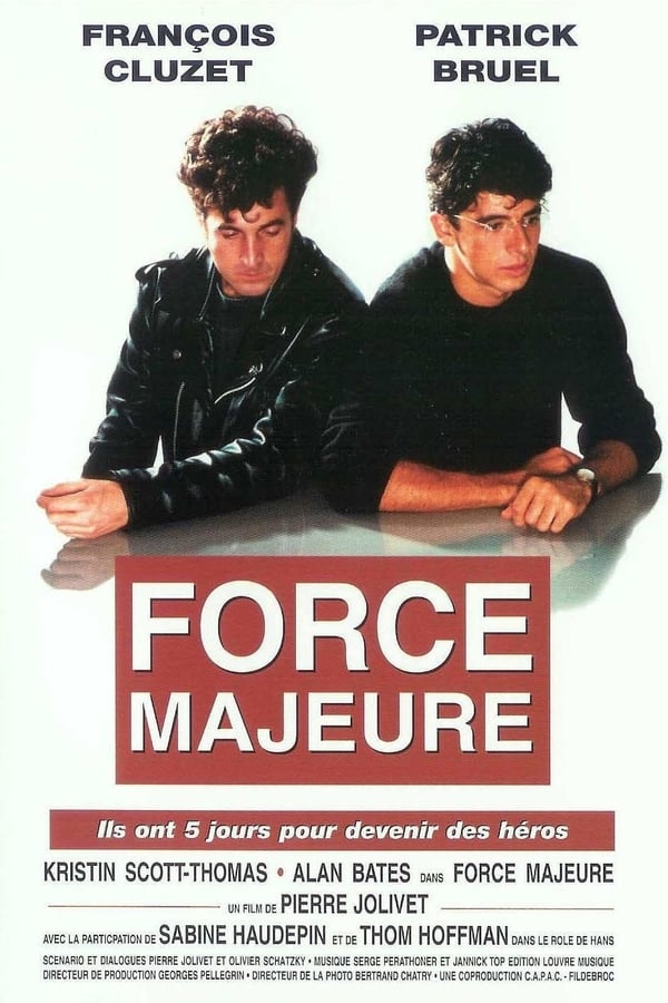 Force Majeure (Uncontrollable Circumstances) begins with a drug deal involving tourists Phillipe (Patrick Bruel) and Daniel (Francois Cluzet), and a Dutch stranger. Two years pass: the Dutchman has been arrested in an unspecified Asian country, where the penalty for drug trafficking is death. Phillipe and Daniel agree to admit that the hashish partly belongs to them, which will reduce the Dutchman's sentence, but also subject the twosome to a prison sentence themselves. Malcolm Forrest (Alan Bates), a representative of Amnesty International, does what he can to aid all three of the unfortunate young men. Force Majeure was co-written by Michele De Broca, wife of director Philippe De Broca.