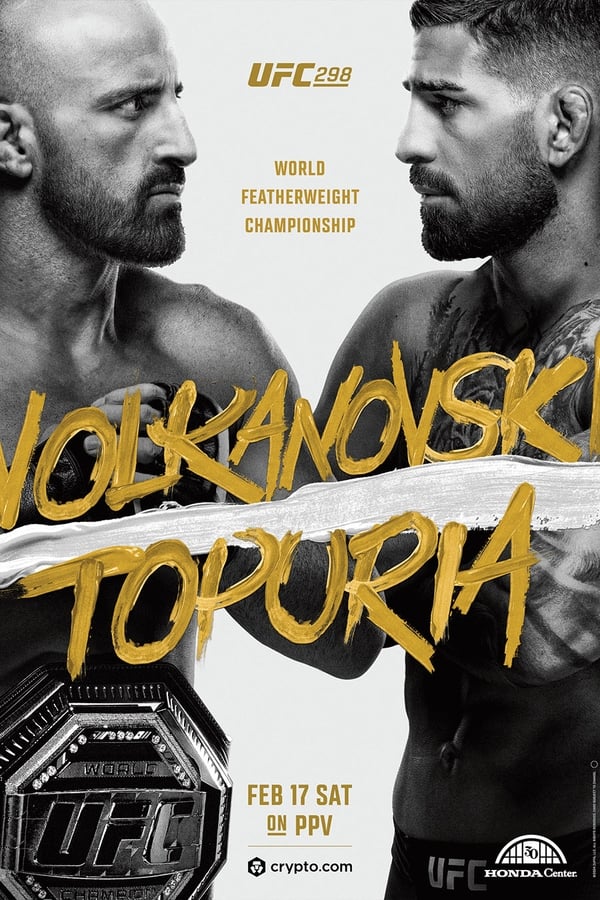 UFC 298: Volkanovski vs. Topuria was a mixed martial arts event produced by the Ultimate Fighting Championship that took place on February 17, 2024, at the Honda Center, in Anaheim, USA. A UFC Featherweight Championship bout between current champion Alexander Volkanovski and Ilia Topuria headlined the event. This bout was originally expected to headline UFC 297 one month prior but was pushed back after Volkanovski was pulled to face UFC Lightweight Champion Islam Makhachev at UFC 294.