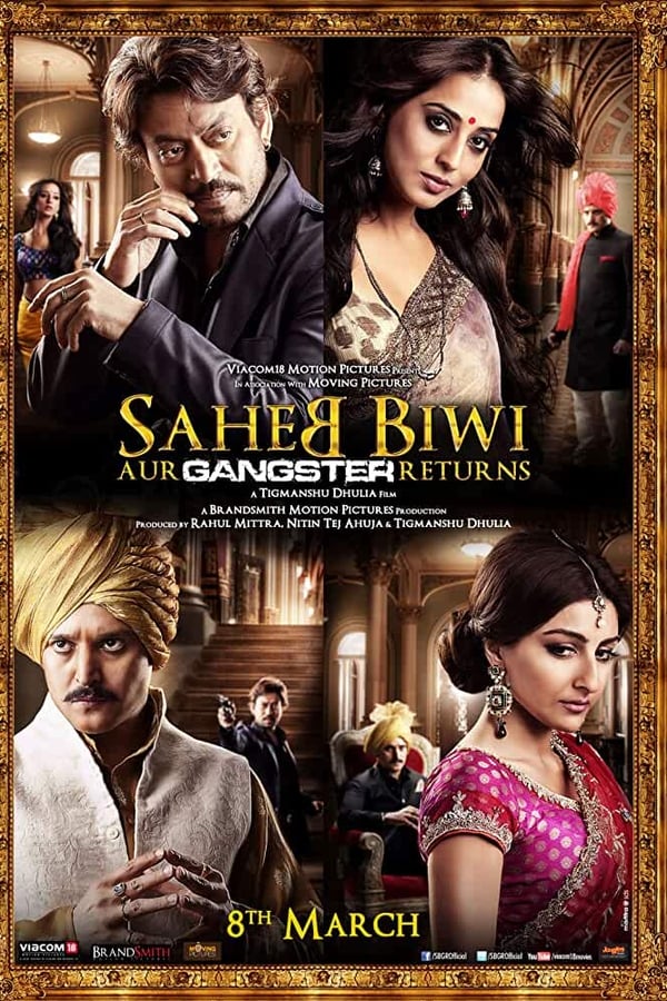 The Royal Scandal, the war for power and fight for money continues with the return of Saheb Biwi Aur Gangster. Aditya Pratap Singh (Jimmy Sheirgill) is crippled and is trying to recover from the physical disability and his wifes betrayal. The lover cum seductress Madhavi Devi (Mahie Gill) is now an MLA, her relationship with Aditya may have broken to shambles but her relation with alcohol is deep, dark and daunting. Indarjeet Singh, a ragged prince who has lost everything but his pride, pledges to get back his familys respect which was once destroyed by Adityas ancestors. Ranjana is a modern ambitious girl who is madly in love with Indarjeet Singh (Irrfan Khan). The story takes a new turn when Aditya falls in love with Ranjana and forces Birendra (Raj Babbar) her father, for their marriage. In this game of live chess between Saheb, Biwi and Gangster, the winner, the survivor takes it all.