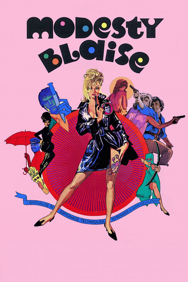 Modesty Blaise, a secret agent whose hair color, hair style, and mod clothing change at a snap of her fingers is being used by the British government as a decoy in an effort to thwart a diamond heist. She is being set up by the feds but is wise to the plot and calls in sidekick Willie Garvin and a few other friends to outsmart them. Meanwhile, at his island hideaway, Gabriel, the diamond thief has his own plans for Blaise and Garvin.