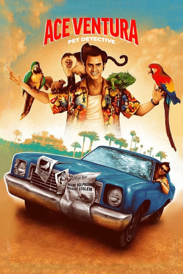 He's Ace Ventura: Pet Detective. Jim Carrey is on the case to find the Miami Dolphins' missing mascot and quarterback Dan Marino. He goes eyeball to eyeball with a man-eating shark, stakes out the Miami Dolphins and woos and wows the ladies. Whether he's undercover, under fire or underwater, he always gets his man… or beast!