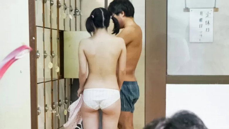 Daughter-in-law Who Can’t Resist Even when Played Around by Father and Grandfather Right Next to Bathhouse Men backdrop 2